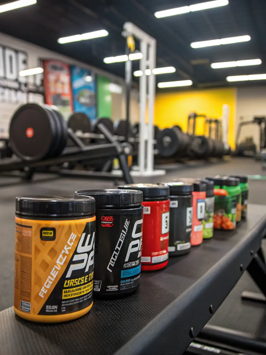 Image of various sports supplements, illustrating the 'Suplementos' category.