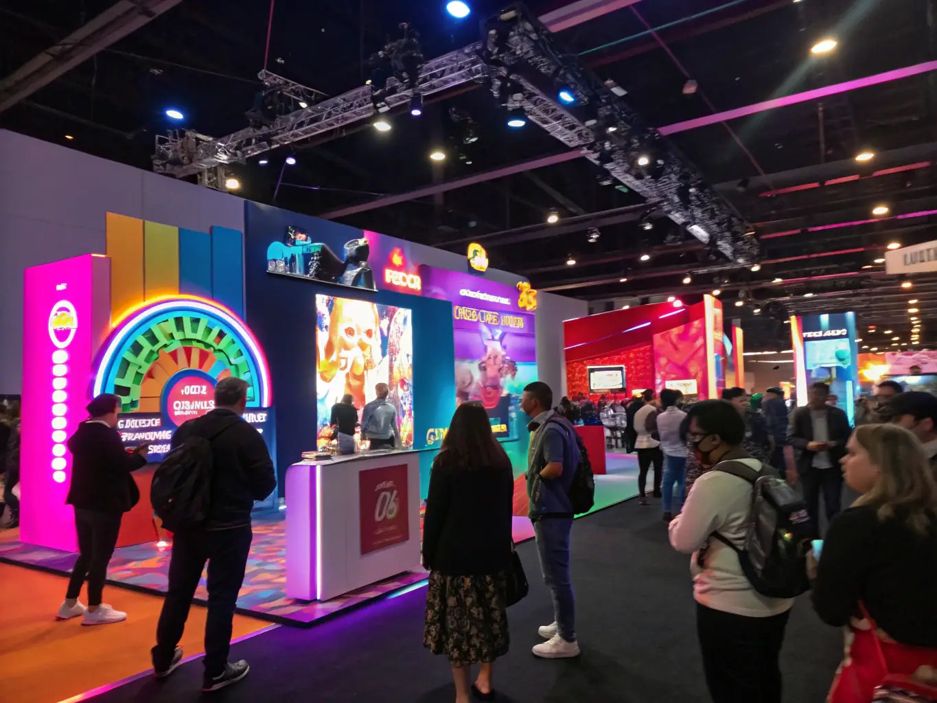 A dynamic image of a sports brand's product display at a fitness expo, with enthusiastic attendees interacting with the products. The scene should capture the excitement and engagement of the fitness community.