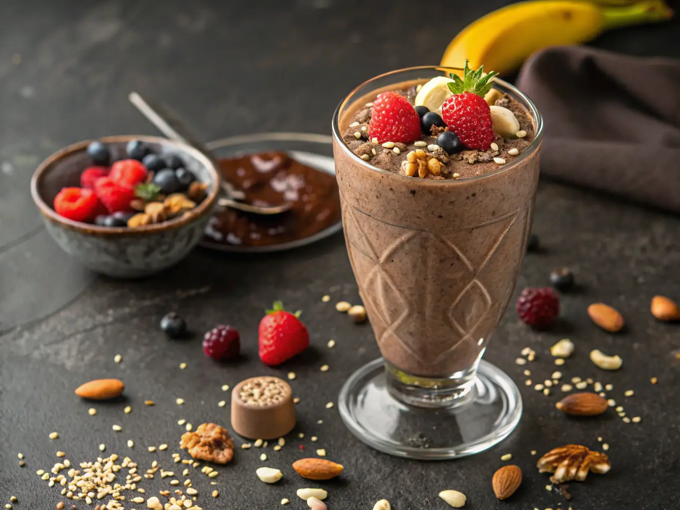 Imagen de un shaker con proteína en polvo y frutas frescas, representando suplementos nutricionales para mejorar el rendimiento físico.