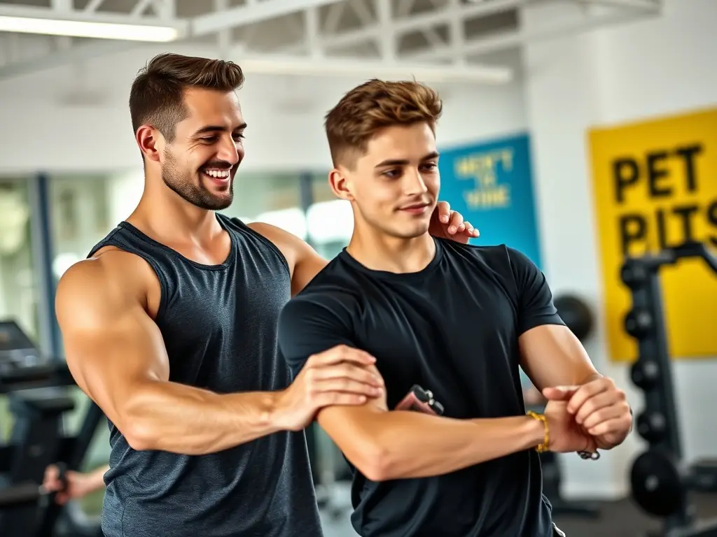 A vibrant image of a personal trainer working with a client in a modern gym setting, both smiling and engaged in a workout session. The scene should convey energy, motivation, and personalized support.