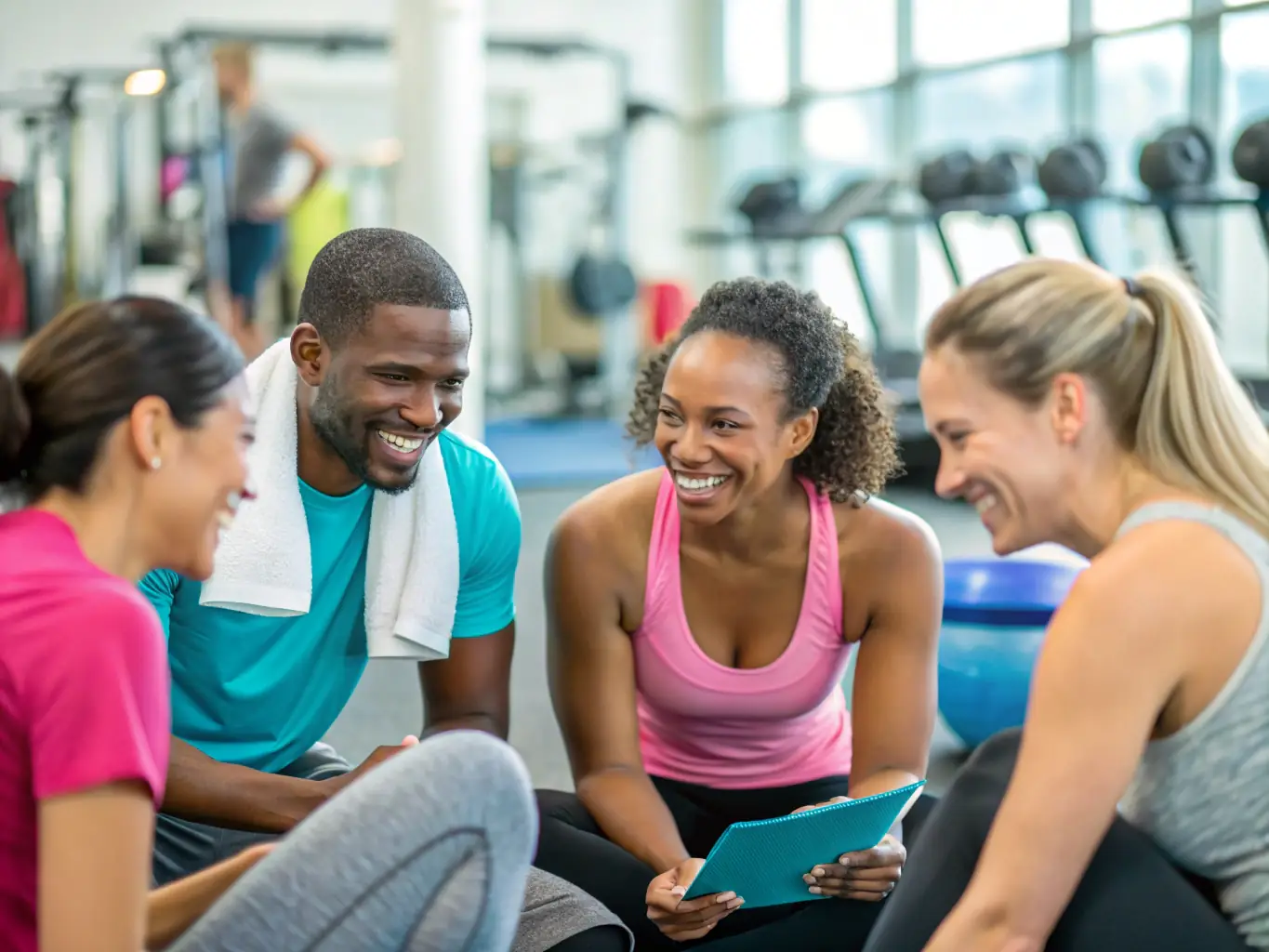 A dynamic image of a group of fitness professionals networking at an event, emphasizing the community and support provided by FitLink.