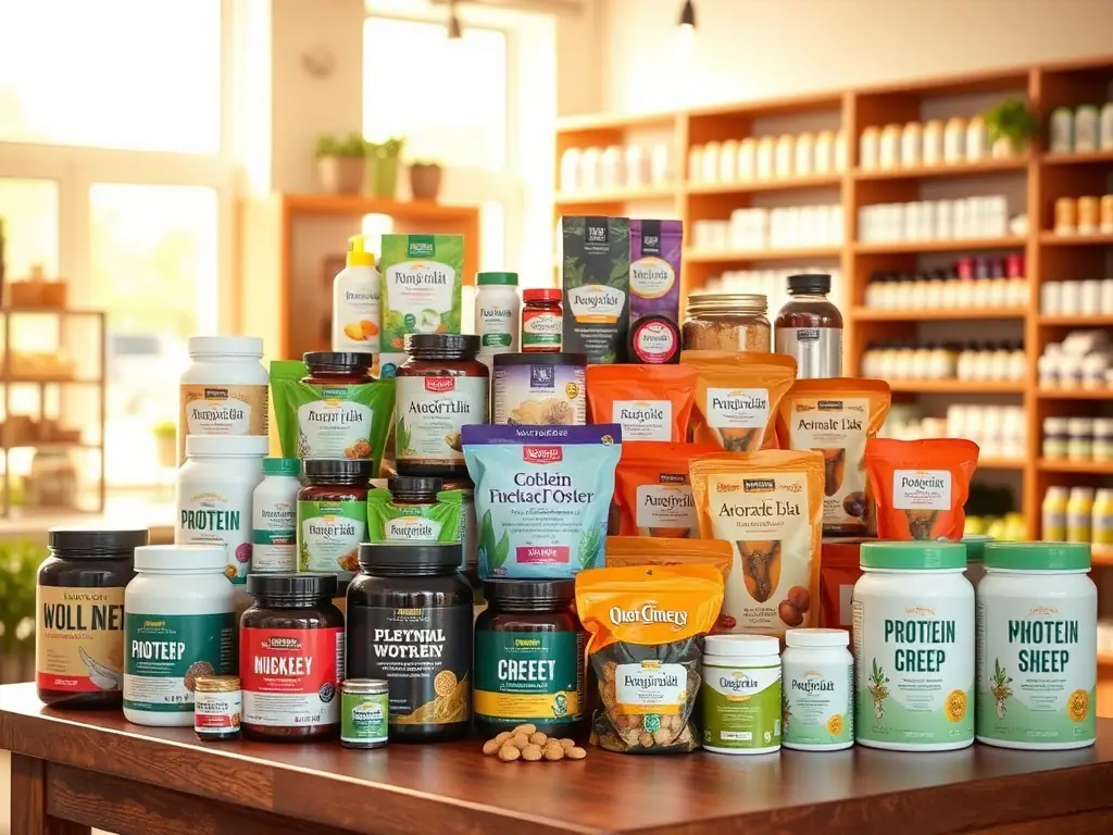 A well-stocked supplement store with a clean and modern design, showcasing a variety of fitness supplements and healthy products. The image should highlight the store's commitment to quality and customer satisfaction.